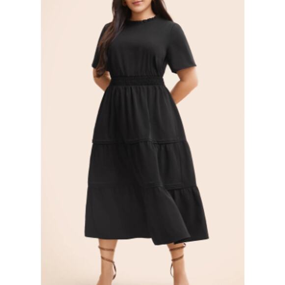 BLOOMCHIC 14-16 1X Plus Black Plain Frill Ruffle Layered Midi Dress NWT B101 - Picture 1 of 11
